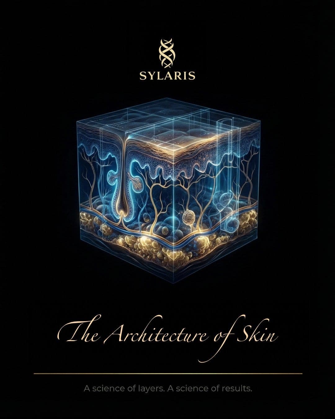 The Architecture of Skin carousel cover: a layered skin cube in blue and gold, AI-generated