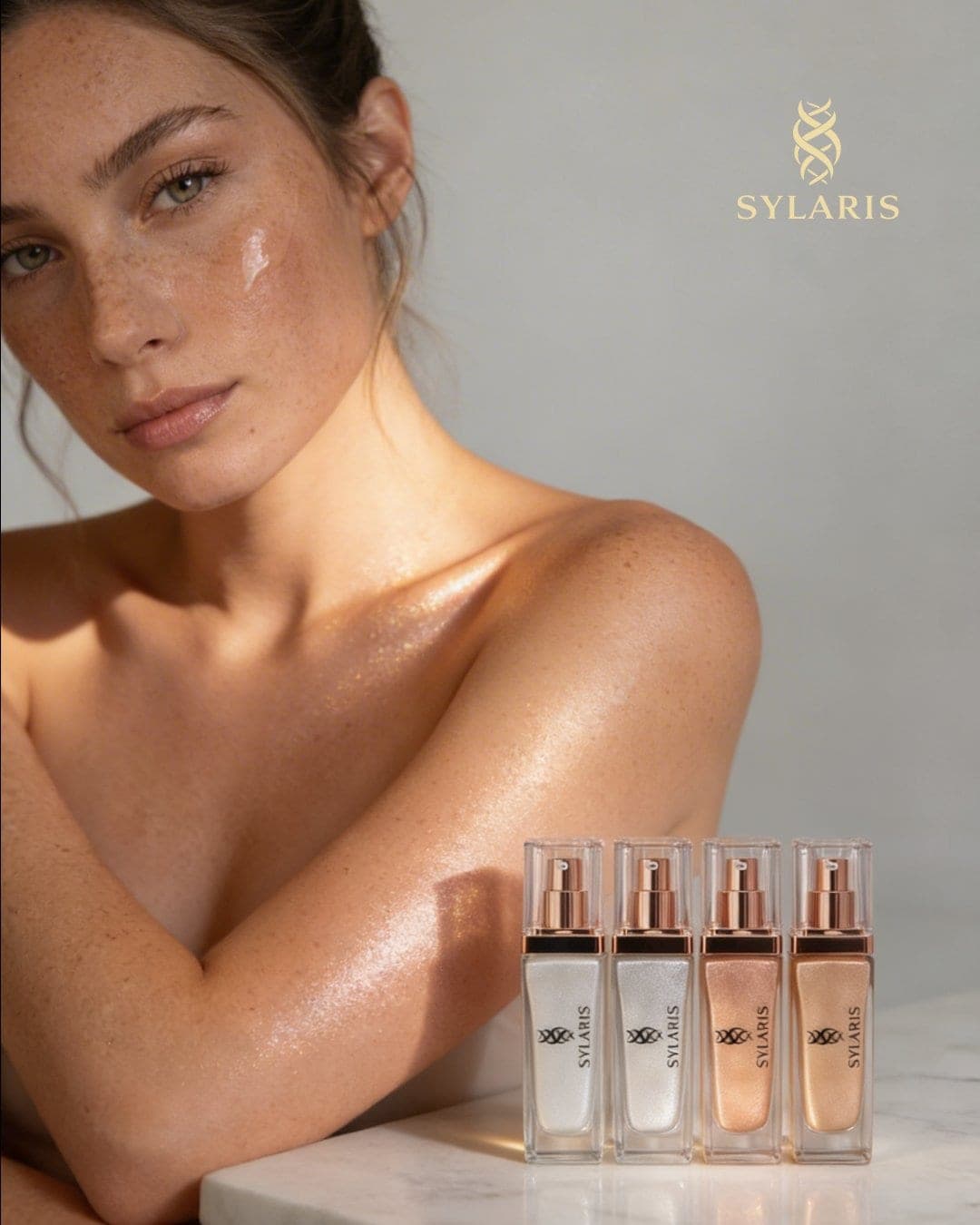 Model with glowing skin beside Sylaris bottles on marble, AI-generated ad still