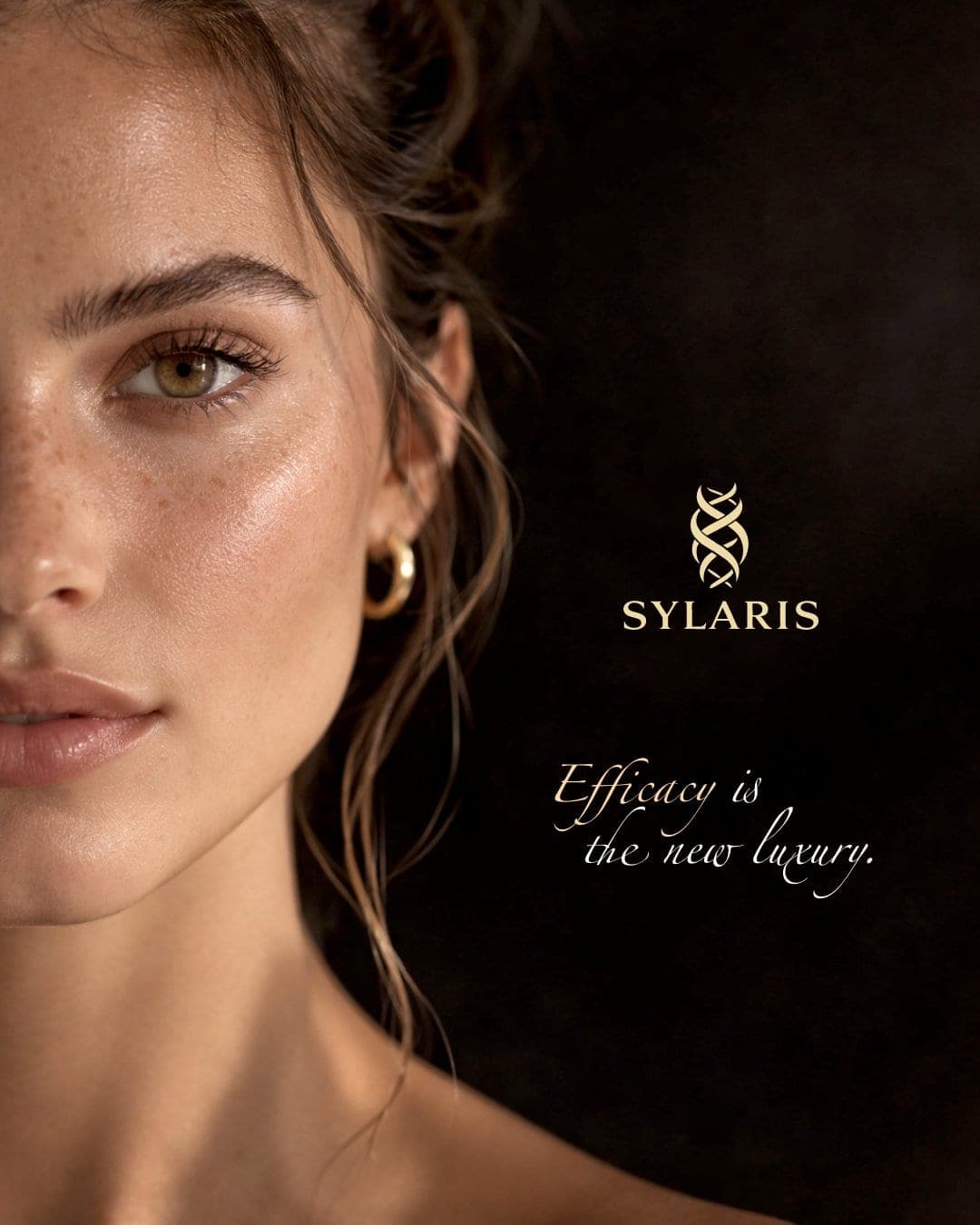 Close-up portrait with the line “Efficacy is the new luxury”, Sylaris AI-generated still