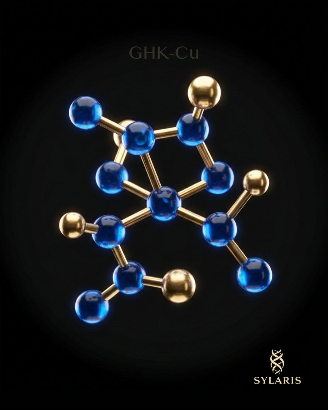 GHK-Cu copper peptide molecule in blue and gold, Sylaris AI-generated ad still
