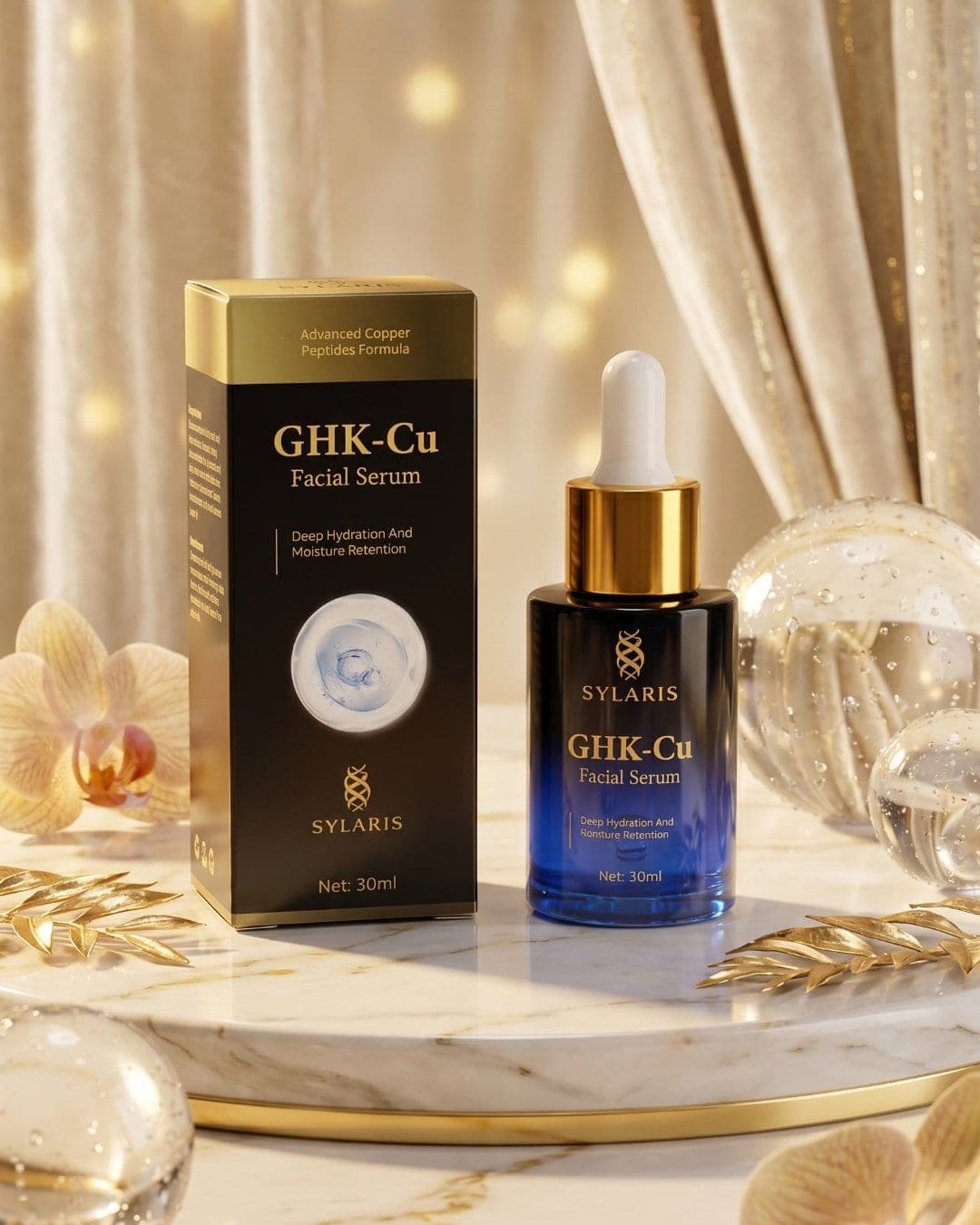 Sylaris GHK-Cu facial serum and box on marble with gold drapes, AI-generated ad still