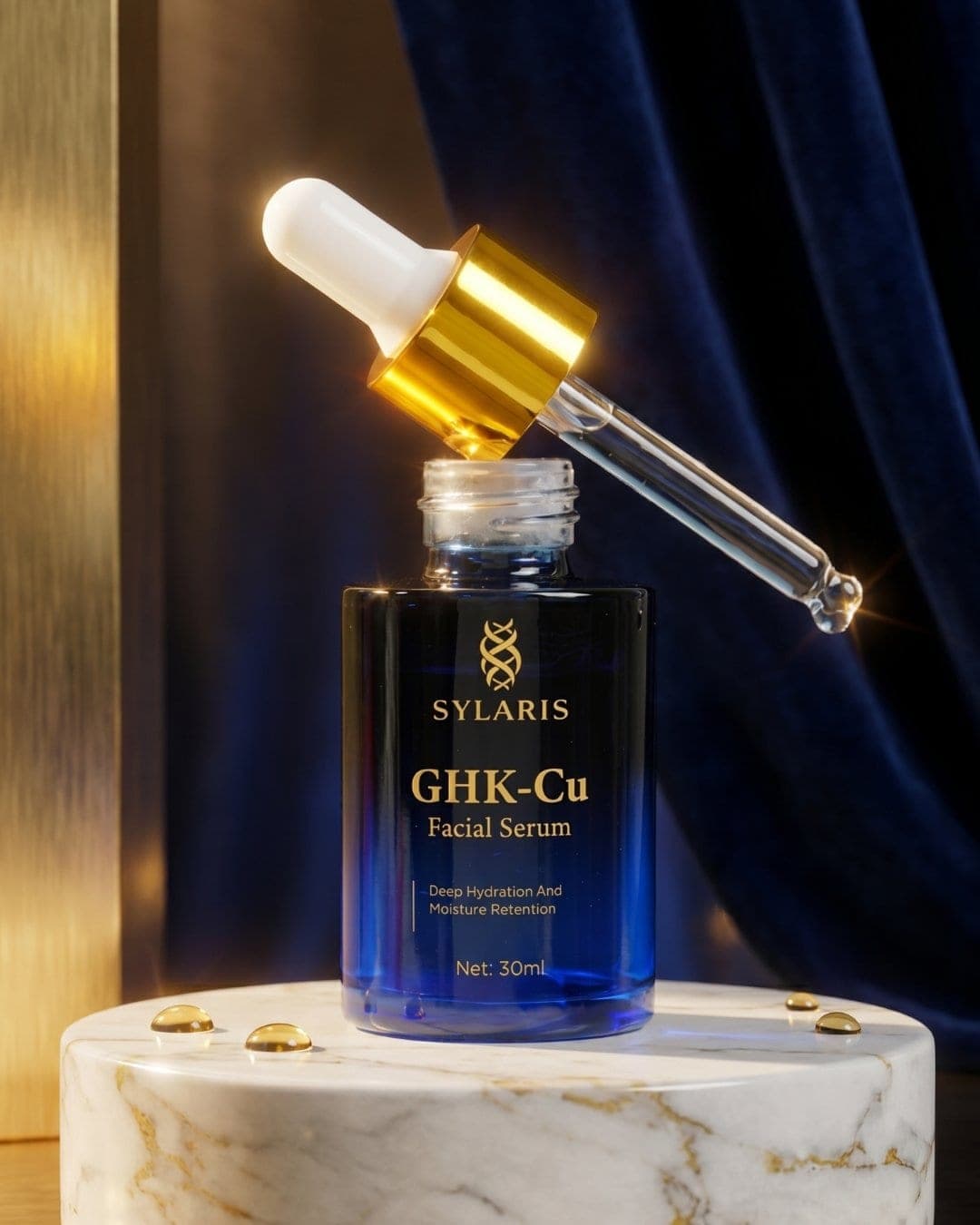 Sylaris GHK-Cu serum dropper above a marble pedestal, AI-generated ad still