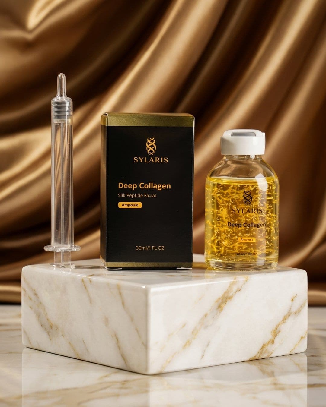 Sylaris Deep Collagen ampoule and box on marble, AI-generated product still