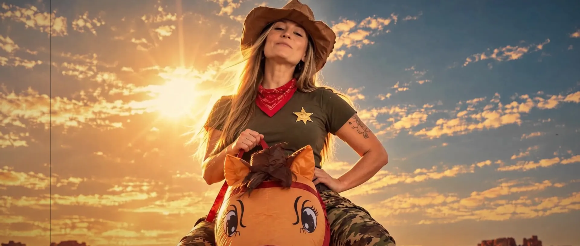 AI-generated cowgirl on an inflatable horse in the desert at sunset