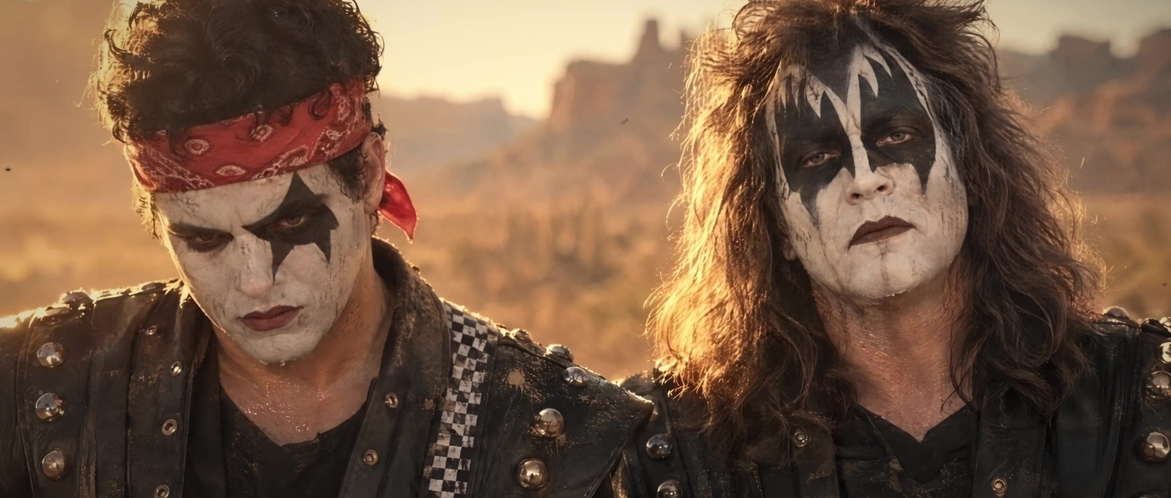 AI-generated close-up of two rockers in face paint in the desert