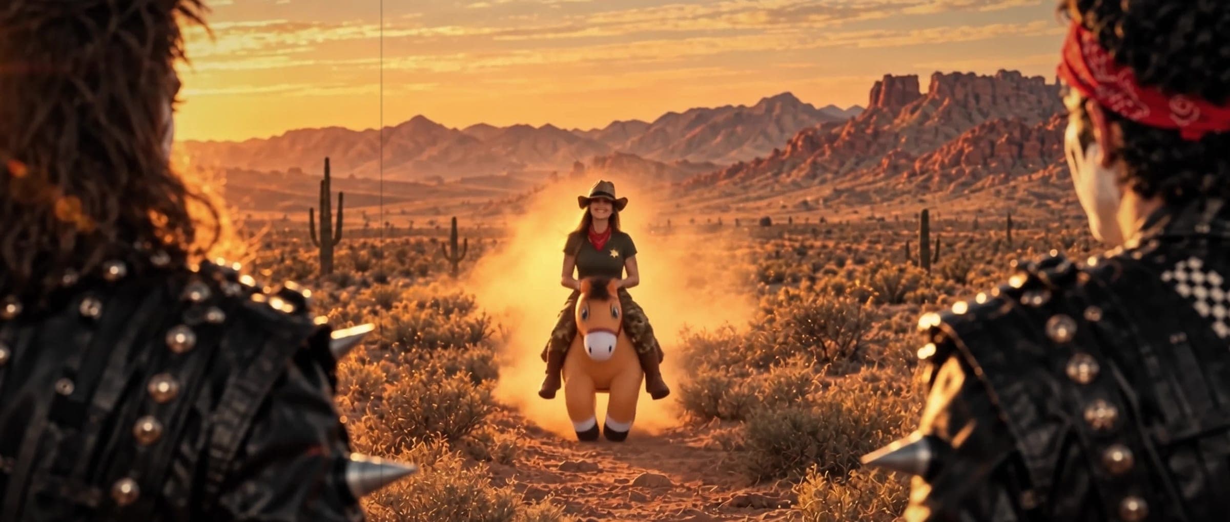 AI-generated cowgirl riding an inflatable horse toward the rockers in a cloud of dust