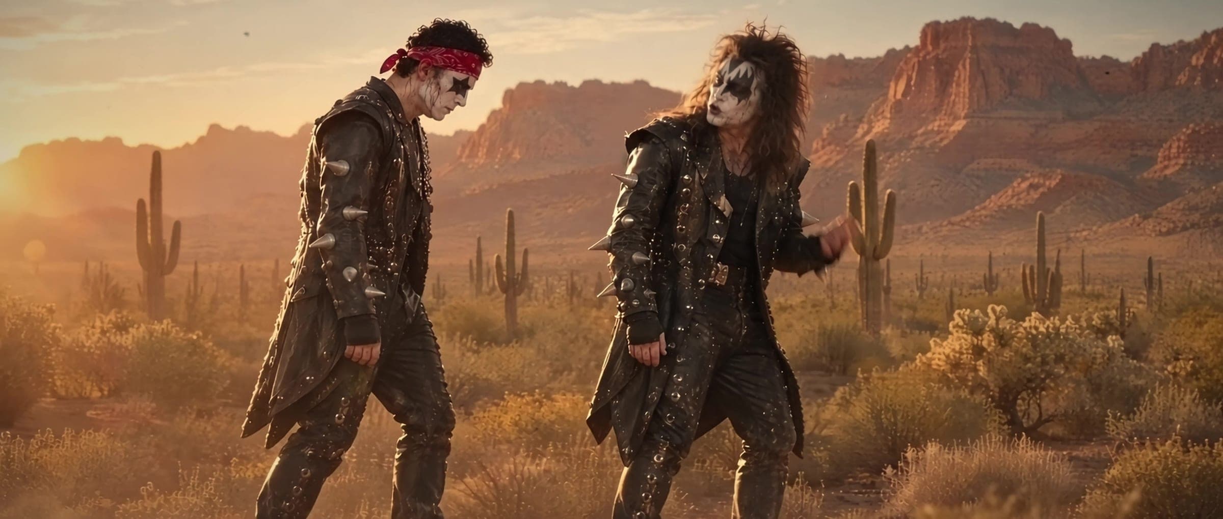 AI-generated rockers in face paint and studded leather walking into the desert